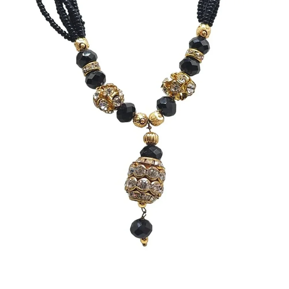 Clear Rhinestone Black Seed Beaded Pendant Necklace Gold Tone Vintage